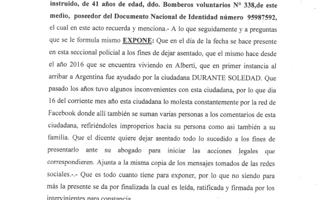 Un documento de la Oficina de Policía de Alberti demuestra que hemos sido objeto de una campaña de racismo y odio